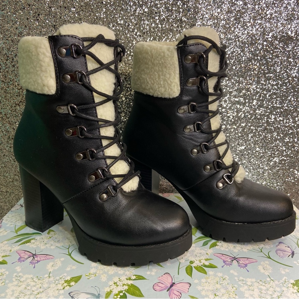 Faux Fur/ Leather Chunk Heel Combat Boots - Picture 3 of 10